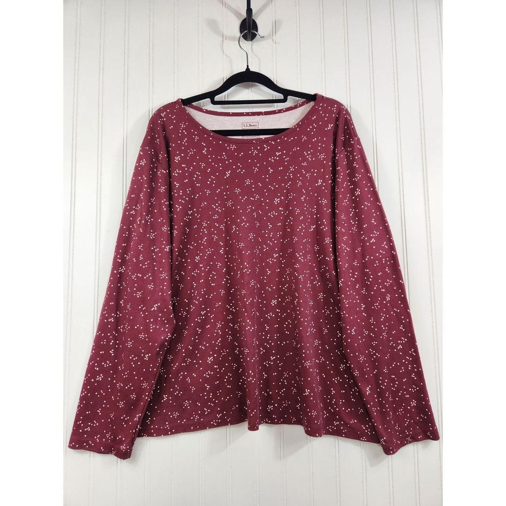 L.L. Bean Womens 2X 100% Supima Cotton Long Sleeve Tee Burgundy Dot Casual